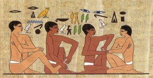 A painting of two men in underwear and some birds
